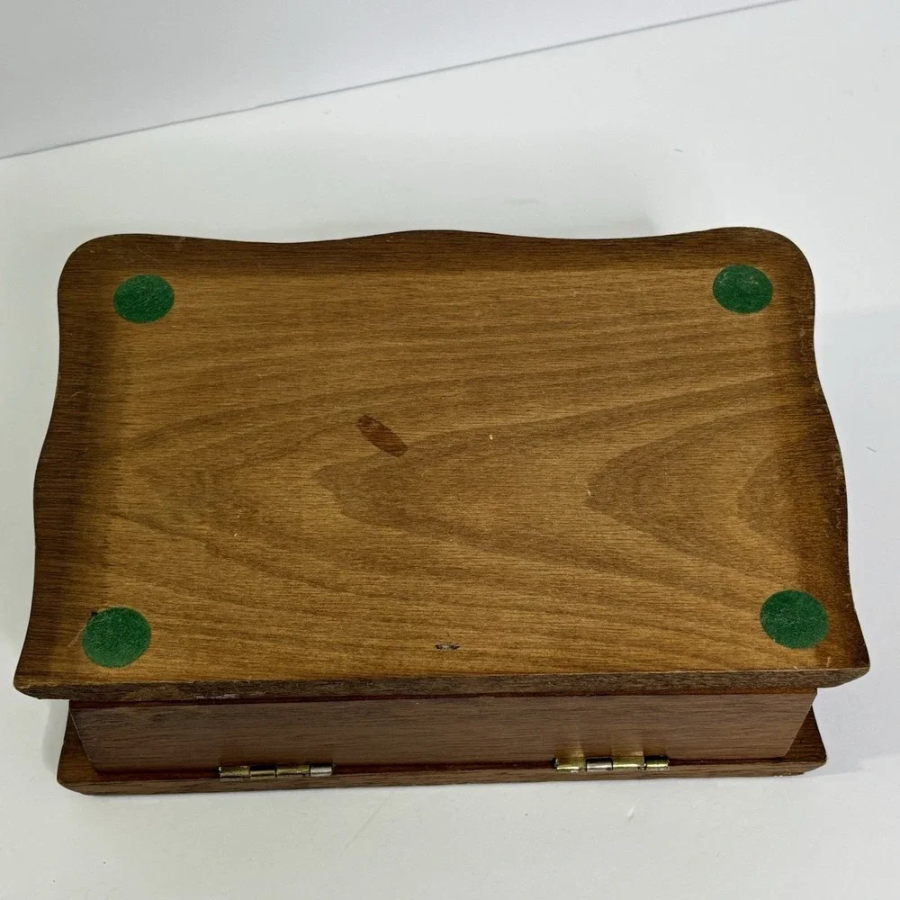 Vintage Wood Jewelry Box With Mirror Yellow Velvet Lining